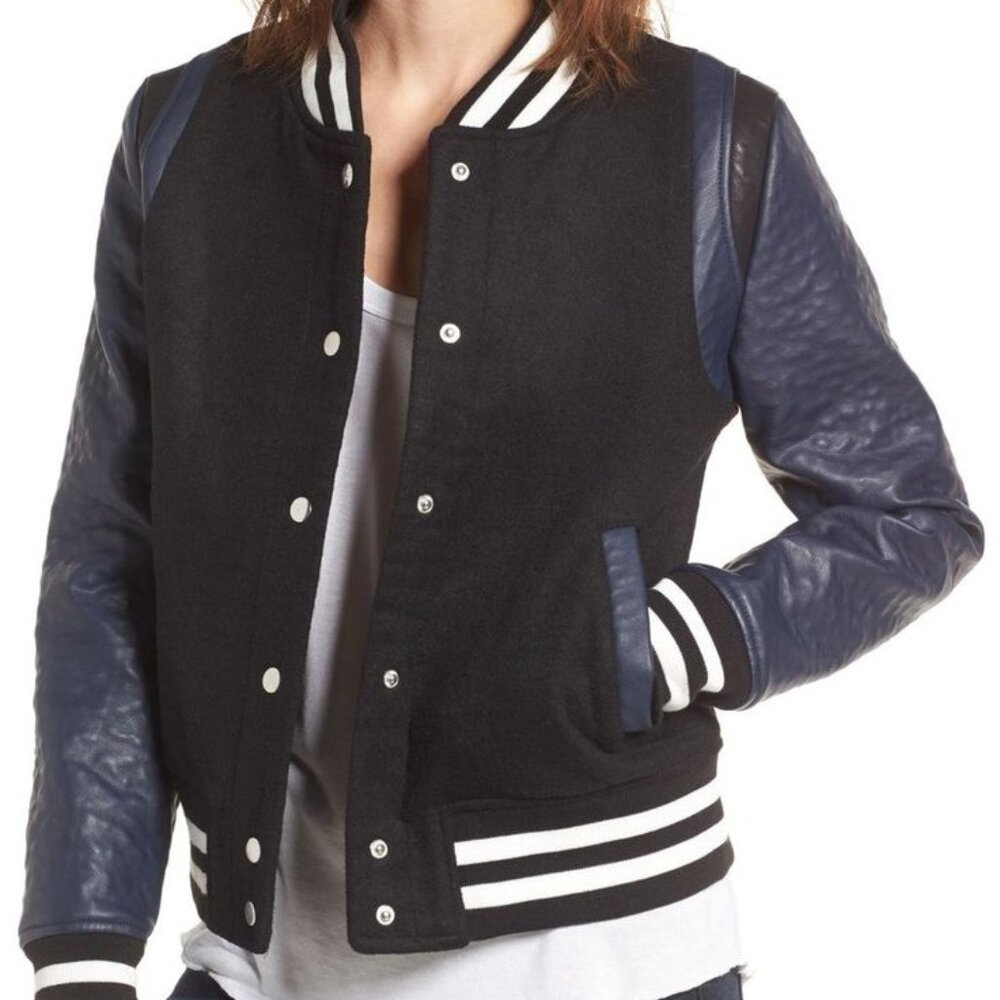 Faux Leather Navy Varsity Bomber Jacket